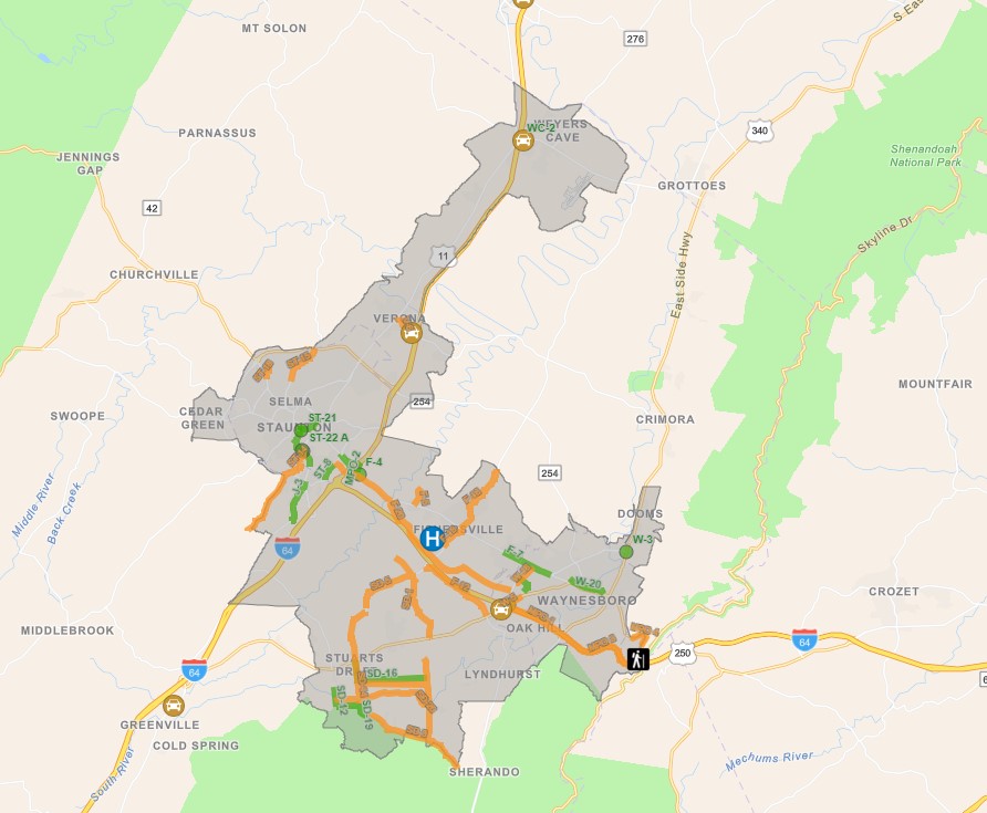 Screen capture of the interactive map of the Staunton Augusta Waynesboro area displaying the metropolitan area limits and its main roads.