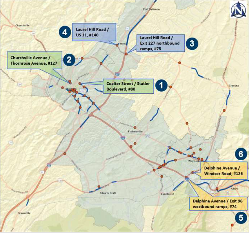 Map depicting the 6 intersections included in the study