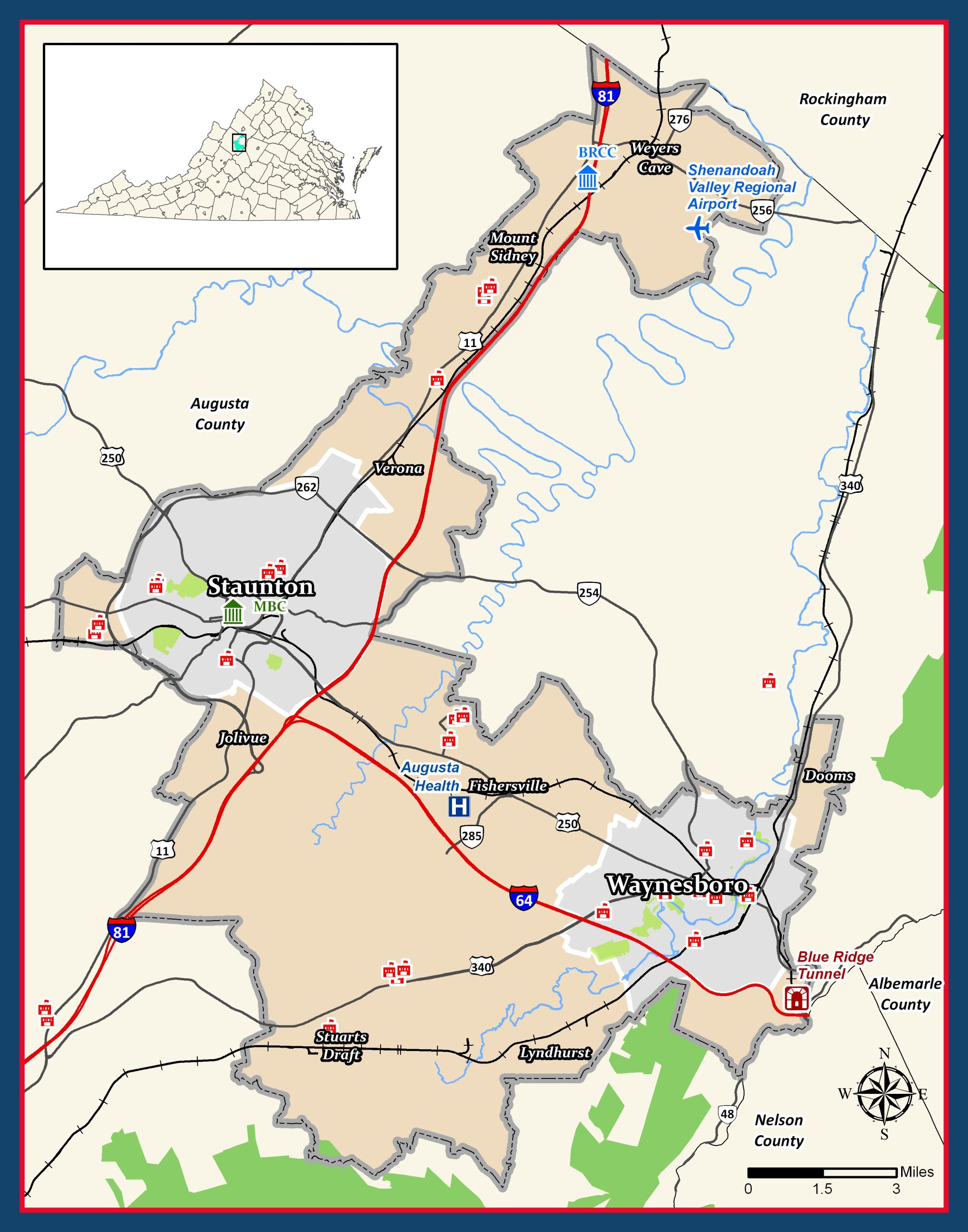 Base map of the Staunton Augusta Waynesboro area displaying county limits, main roads, and water streams, as well as its position within the map of the state of Virginia.